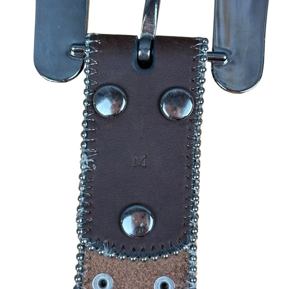EUC Nocona Size M Western Belt Rhinestone Silver Studded Buckle Brown Leather - Picture 5 of 12